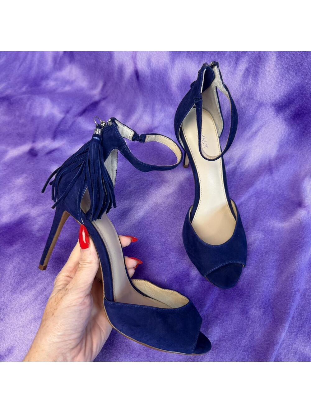 Botkier blue suede leather heel sandals with fringe tassle zip